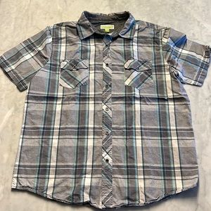 Cariloha Plaid button, short sleeve shirt. Men’s large. Gray, turquoise, white.